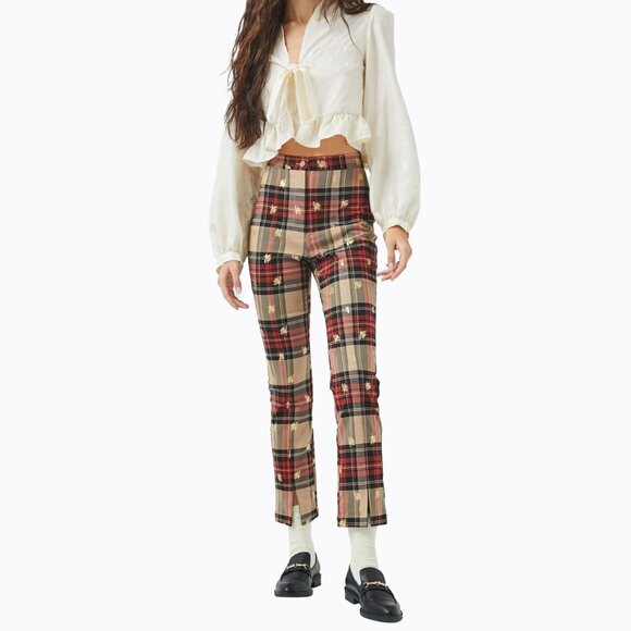Urban Outfitters Tessa Plaid Tartan Notched Cropped Pants Gold Bee Accents Size2 - Picture 2 of 10